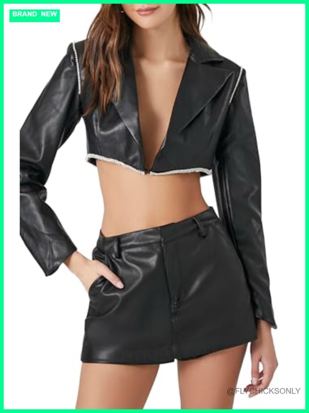Cropped Faux Leather Jacket with Rhinestone Trim